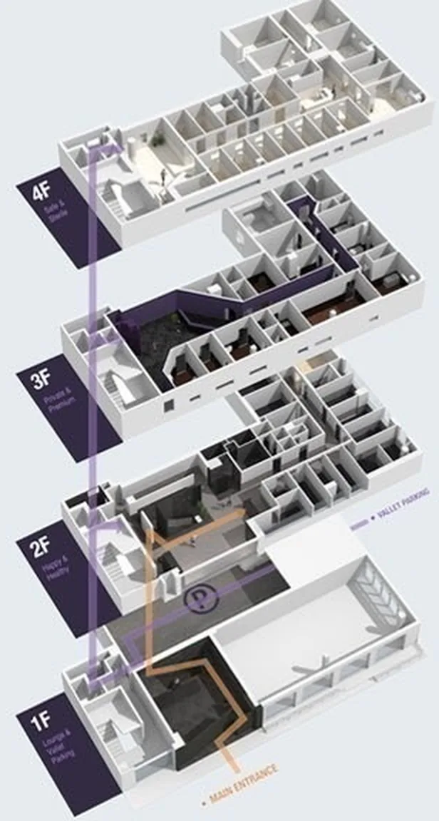 ผังไอโซเมตริกชั้น 1F–4F ของคลินิกศัลยกรรมตกแต่ง U&U — 1F เลานจ์และรับจอดรถ, 2F ปรึกษาและฟิตติ้ง, 3F ตรวจรักษาและพรีเมียม, 4F ห้องผ่าตัด