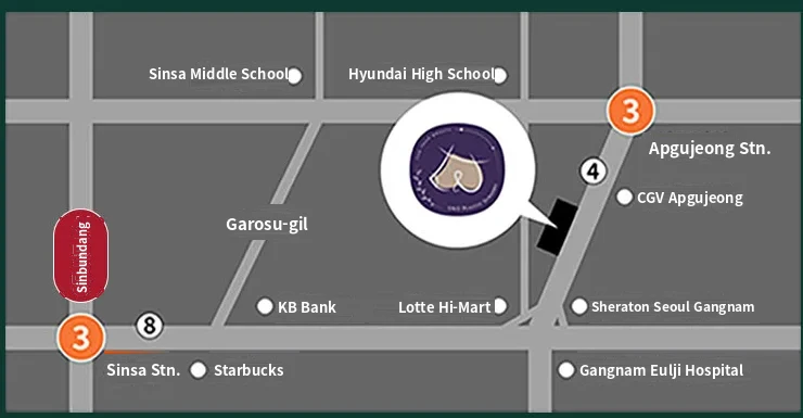 แผนที่คลินิกศัลยกรรมตกแต่ง U&U — เดิน 5 นาทีจากทางออก 4 สถานีอัปกูจอง ใกล้ถนนคาโรซูกิล