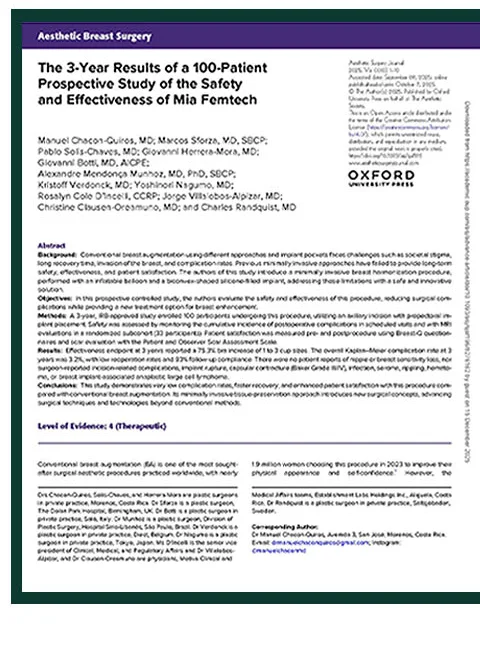 หน้าแรกของงานวิจัยที่ตีพิมพ์ใน Aesthetic Surgery Journal — The 3-Year Results of a 100-Patient Prospective Study of the Safety and Effectiveness of Mia Femtech