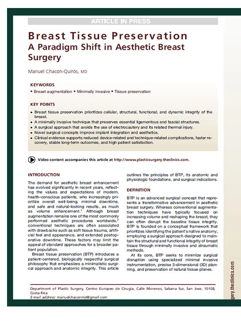 หน้าแรกของงานวิจัยที่ตีพิมพ์ใน Clinics in Plastic Surgery — Breast Tissue Preservation: A Paradigm Shift in Aesthetic Breast Surgery